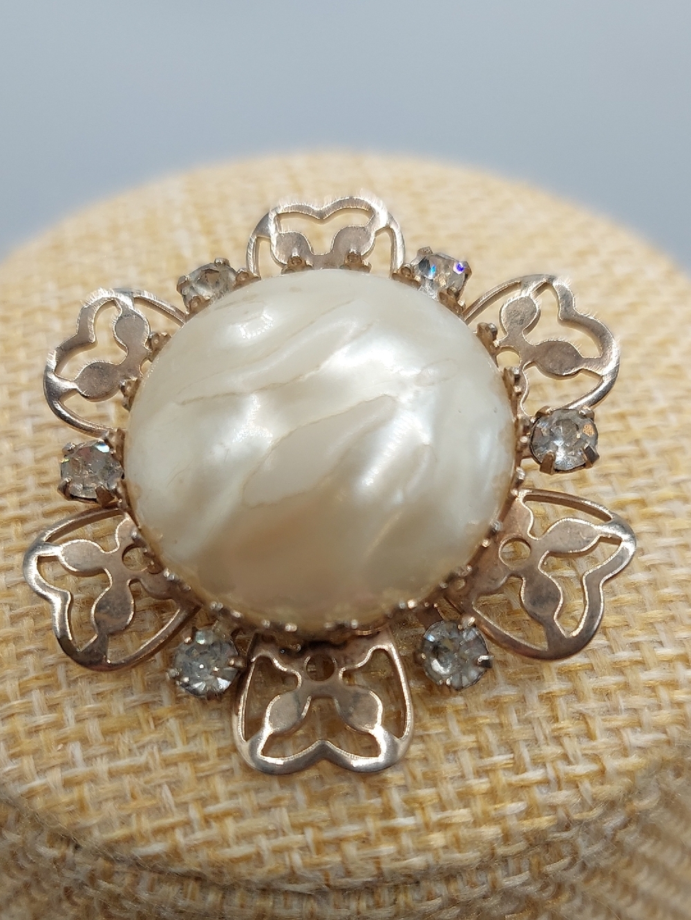 Classic Faux Dimpled Pearl Floral Rhinestone Vintage Brooch Ivory and Goldtone